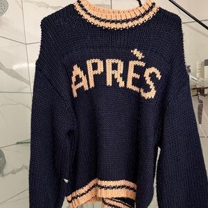 Anthropologie Navy Sweater with Peach Trim and 'APRÈS' Lettering
